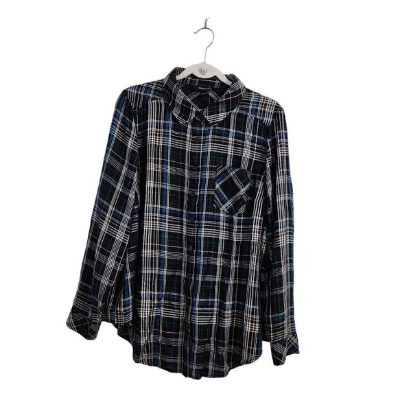 Torrid Top 1X Black Plaid‎ Lizzie Rayon Twill Button-Up Long Sleeve Shirt NWT - Picture 1 of 13